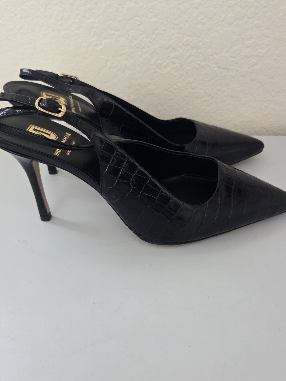 Bruno MAGLI Black Croco- embossed Leather Slingback Pumps